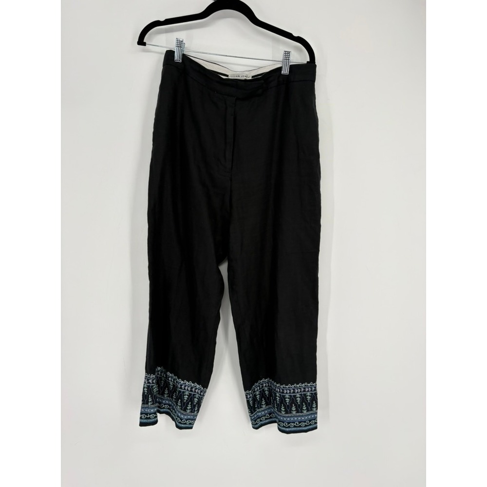 Jillian Jones Pants Womens 10 Black Linen Embroidered Hem High Rise Straight Leg